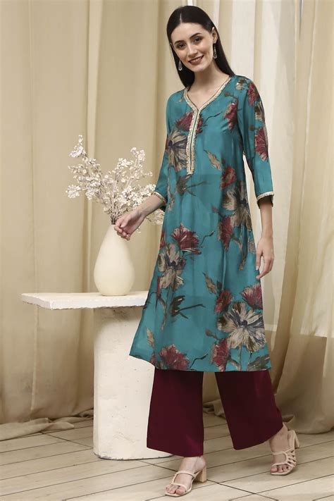 Buy Blue Floral Printed Straight Kurta Online at Biba India