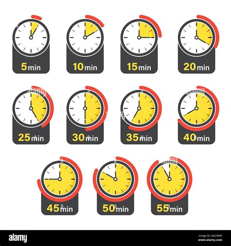 From 5 minutes to 55 minutes on stopwatch icon set collection in flat ...
