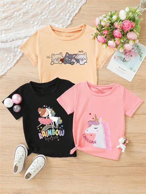 SHEIN Young Girl 3pcs Lovely Cat, Unicorn & Dancing Cartoon Print T ...