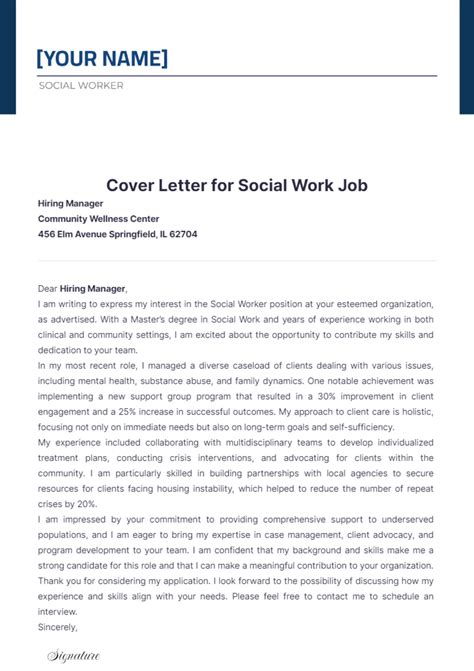 Free Cover Letter for Social Work Job Template to Edit Online