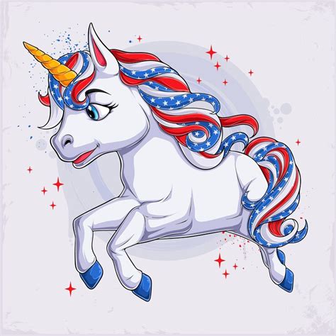 4th of july cute unicorn character running with usa flag pattern hair ...