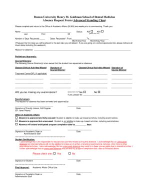 Fillable Online Absence Request Form (Advanced Standing Class) Fax ...