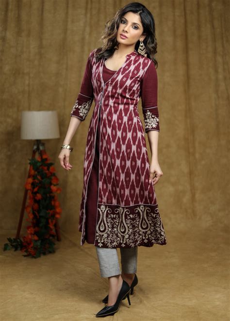 Cotton Embroidered Wine Kurta . – Sujatra