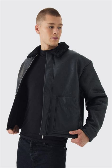 Bm Embossed Borg Collar Harrington Jacket In Black | boohoo