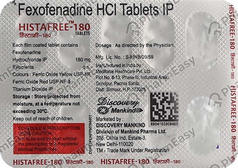 Histafree 180 MG Tablet (10): Uses, Side Effects, Price & Dosage ...