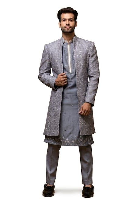 Buy Grey Chanderi Silk Embroidery Resham Sherwani Set For Men by Asuka ...