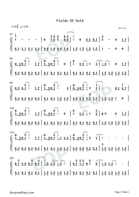 Fields of Gold-簡單版-Sting雙手簡譜預覽