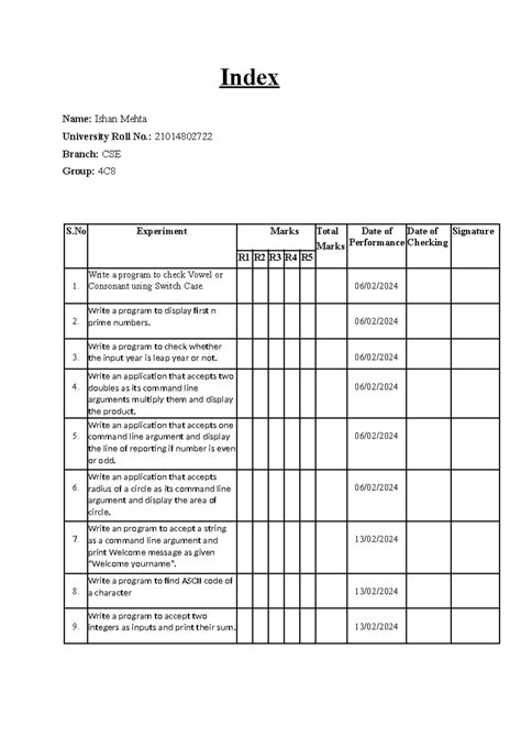 Java index - Index Name: Ishan Mehta University Roll No.: 21014802722 ...