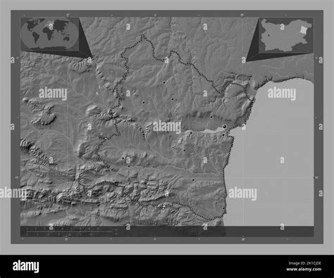 Varna, province of Bulgaria. Bilevel elevation map with lakes and rivers. Locations of major ...