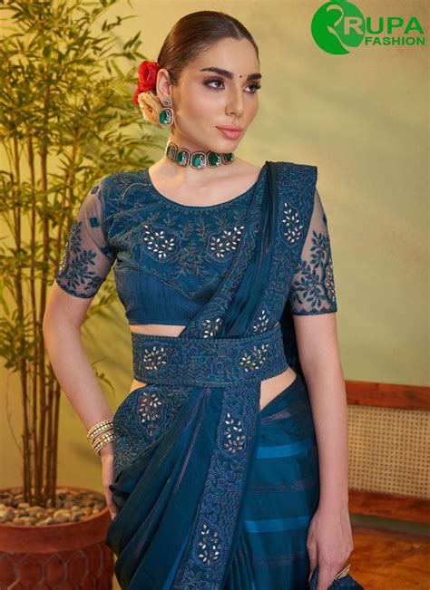 New Designer Teal Blue Satin with Embroidered Work Classic Saree – Rupa ...