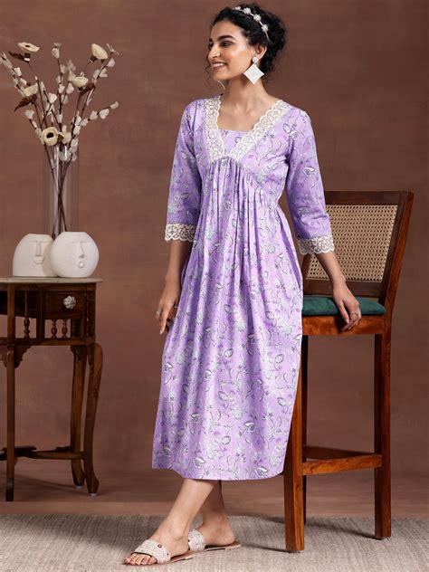 Buy Lavender Printed Cotton Fit and Flare Dress Online at Rs.449 | Libas