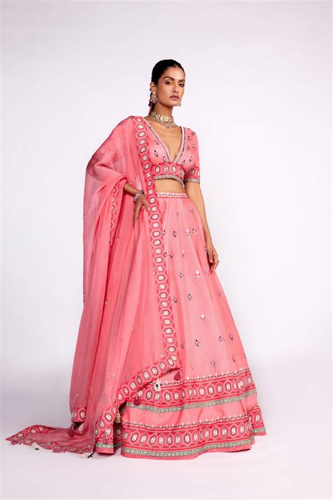 Isha Gupta Tayal - Flamingo Pink Embroidered Lehenga Set - Elahe
