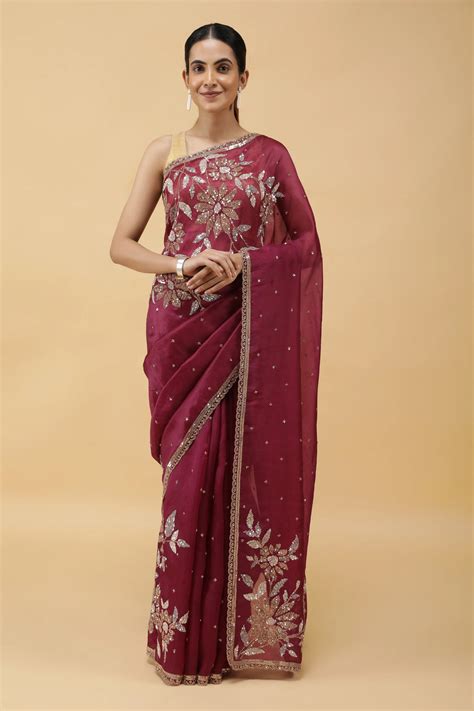 Wine Kora Silk Saree with Silver & Gold Sequin Embroidery | Buy SAREES ...