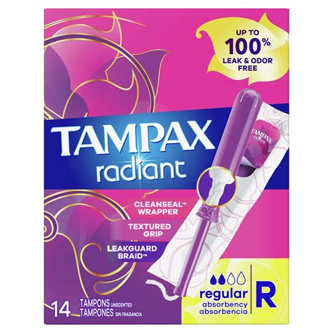 Tampax Radiant Tampons with LeakGuard Braid, Regular Absorbency, 14 ...