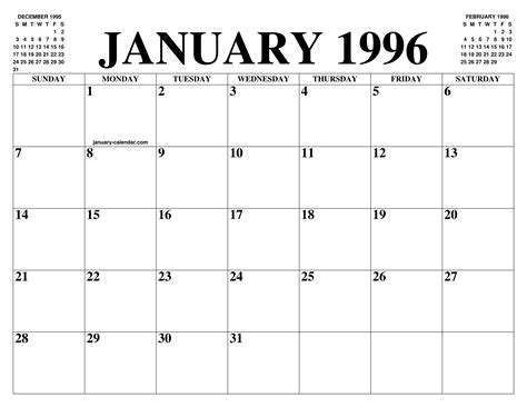 JANUARY 1996 CALENDAR OF THE MONTH: FREE PRINTABLE JANUARY CALENDAR OF ...