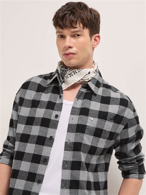 Shop Black & Grey Woven Block Checks Flannel Relaxed Fit Casual Shirt ...