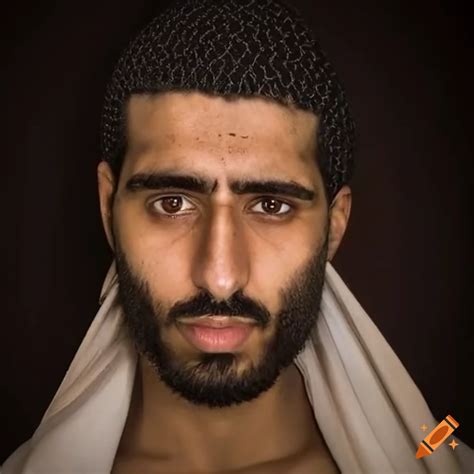 The image depicts the face of an Arab man with striking features and a ...