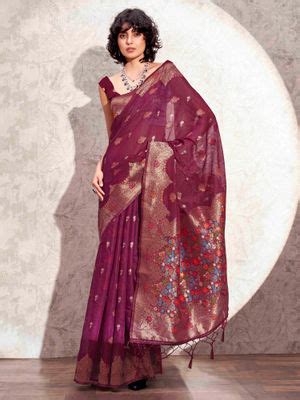 Buy Tikhi Imli Burgundy Polycotton Saree with Rich Pallu & Tassels with ...