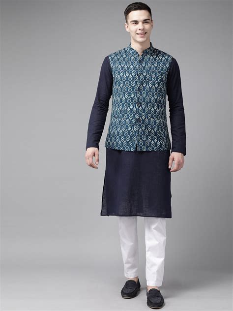 Men Blue And Beige Printed Pure Cotton Kurta Pajama With Neharu jacket ...
