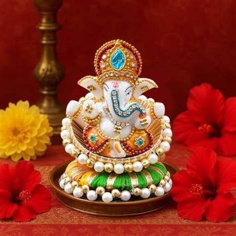 Amazon Brand-UniqueArt White Stone (Resin) God Ganesha with Rosewooden ...