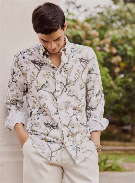 Andamen White Flock Cotton Linen Print Shirt