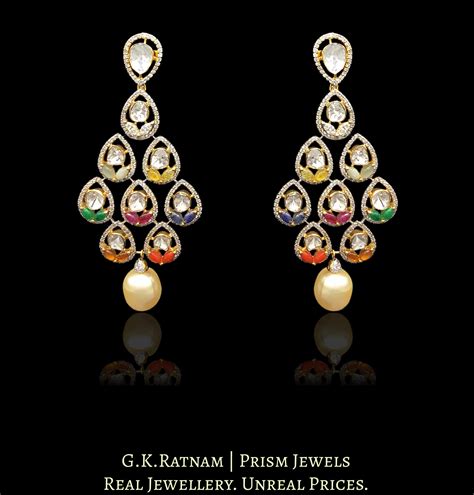 14k Gold and Diamond Polki Open Setting Long Earring Pair with Navratn ...