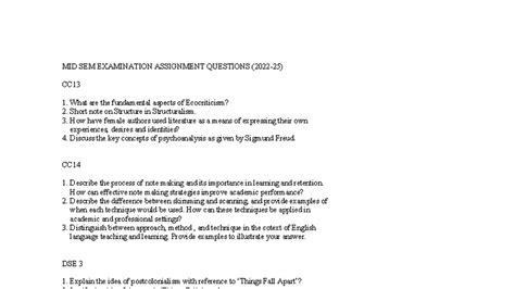 Mid Sem Exam Questions for CC13, CC14, DSE 3 & DSE 4 in Literature ...