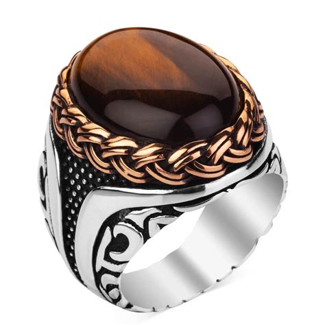 Brown Tiger Eye Stone Silver Men Ring