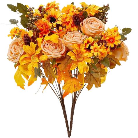 CASAFUN Artificial Fall Flowers Boquet Fall Decor Faux Orange Silk ...