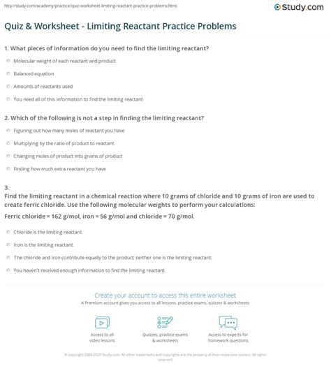 Quiz & Worksheet - Limiting Reactant Practice Problems | Study.com