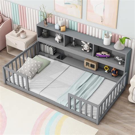 Amazon.com: Harper & Bright Designs Twin Floor Bed with Bedside ...