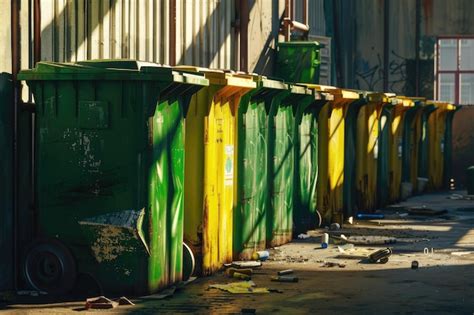 A place with many green and yellow waste containers | Premium AI ...