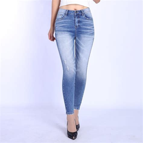 Custom Bright Blue High Waisted Stretchy Ripped Design Women Skinny ...