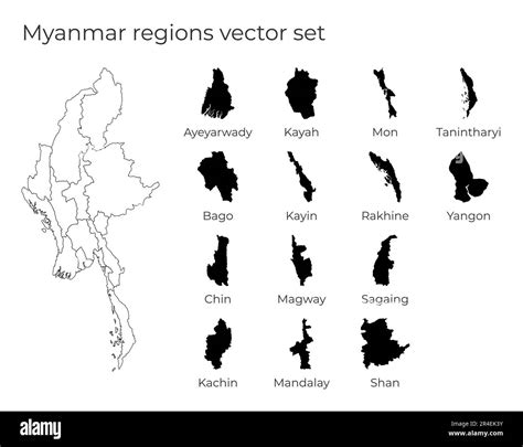 Myanmar map with shapes of regions. Blank vector map of the country with regions. Borders of the ...