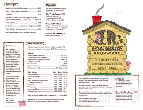 JR's Log House Restaurant menu in Peachtree Corners, Georgia, USA