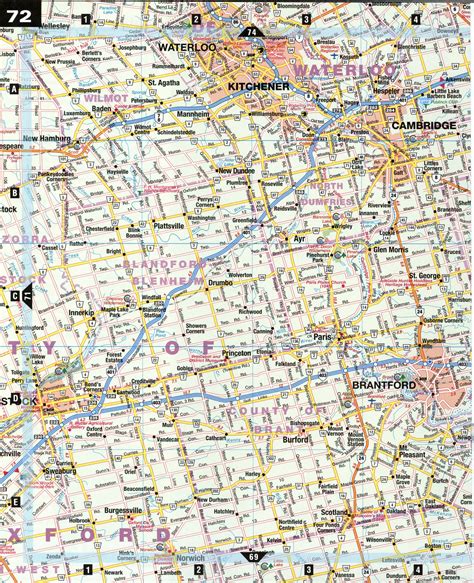 Road map Kitchener and Brantford city surrounding area (Ontario, Canada) - US map