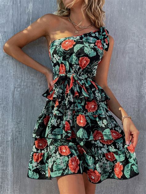 Allover Floral One Shoulder Belted Dress | Casual summer dresses ...