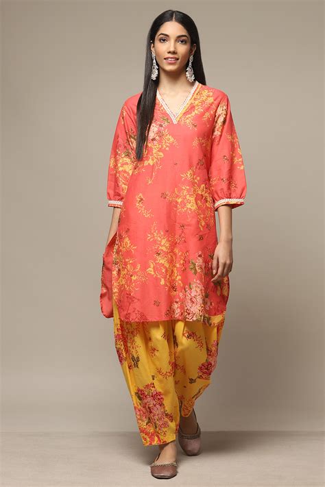 Coral Cotton Straight Kurta Cross Yoke Salwar 2 Piece Set