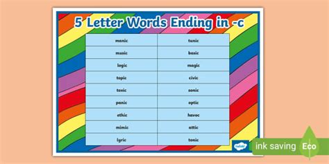 5 Letter Words Ending in -c Word Mat