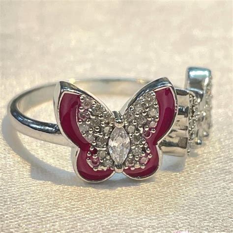 Buy Butterfly Duo 925 Sterling Silver Ring With CZ Diamond, Dainty Red ...