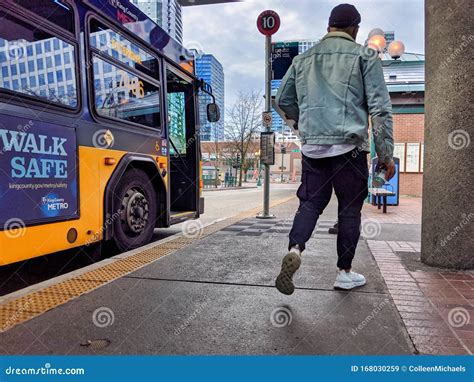 Man Exiting a King County Metro Bus at Bellevue Transit Center Downtown ...