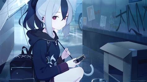 Kayoko Feeding Cat In The Rain Blue Archive Live Wallpaper - MoeWalls