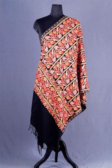 Black color kashmiri work embroidered stole enriched with floral
