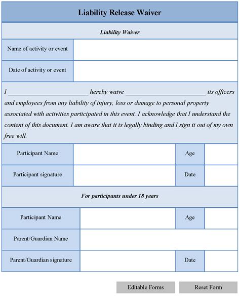 Liability Form Template 的图像结果