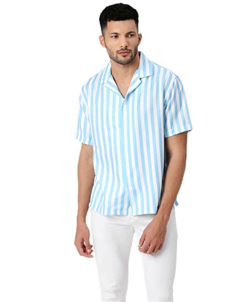 White And Sky Blue Striped Half Sleeves Shirt – Hemsters
