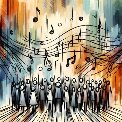 Choir harmonizing with musical notes floating above their heads against ...