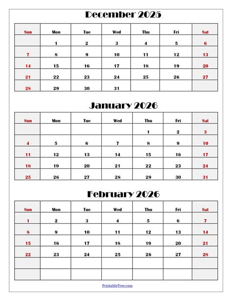 December to February 2026 Calendar Printable PDF | Three Months Calendar