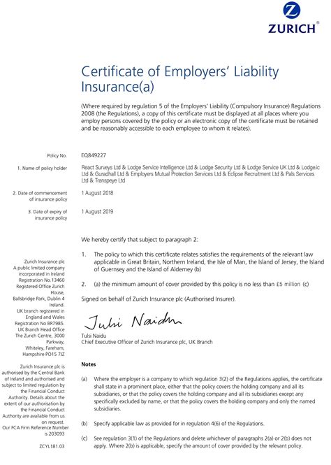 Customizable Fake Proof Of Zurich Employer Liability Insurance