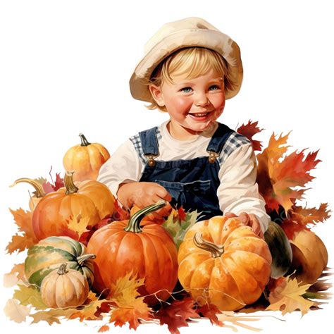 Happy Thanksgiving Day Little Boy With Pumpkins And Fall Foliage ...