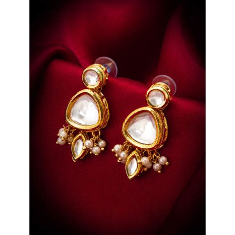Buy Aadita Gold Plated Brass White Kundan and Pearl Drop Earrings Online